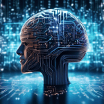 Create an image that shows a large, sleek, and futuristic AI brain composed of interconnected digital circuits, surrounded by glowing data streams symbolizing large language models. The background sho