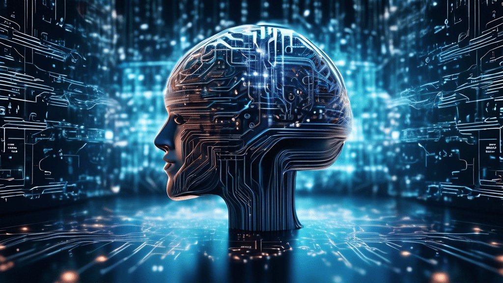 Create an image that shows a large, sleek, and futuristic AI brain composed of interconnected digital circuits, surrounded by glowing data streams symbolizing large language models. The background sho