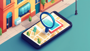 A storefront with a magnifying glass hovering over a Google Maps pin on a smartphone.