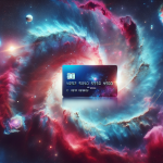 A credit card floating in the cosmos with galaxies and nebulae swirling around it.