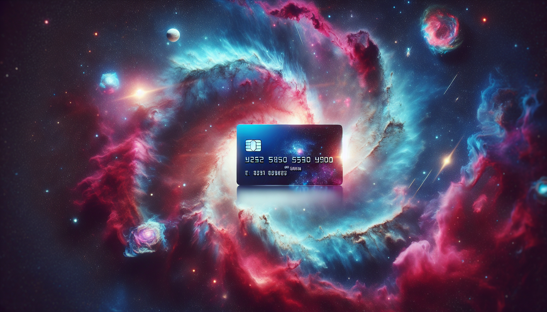 A credit card floating in the cosmos with galaxies and nebulae swirling around it.