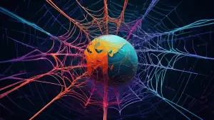 A spider spinning a web of interconnected nodes, spanning the entire earth, with data flowing through it.