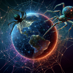 A spider spinning a web of interconnected glowing lines around the Earth
