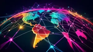 Prompt: Digital illustration of a vibrant, interconnected global network, with glowing lines connecting points on a stylized world map, representing the World Wide Web bringing people together across