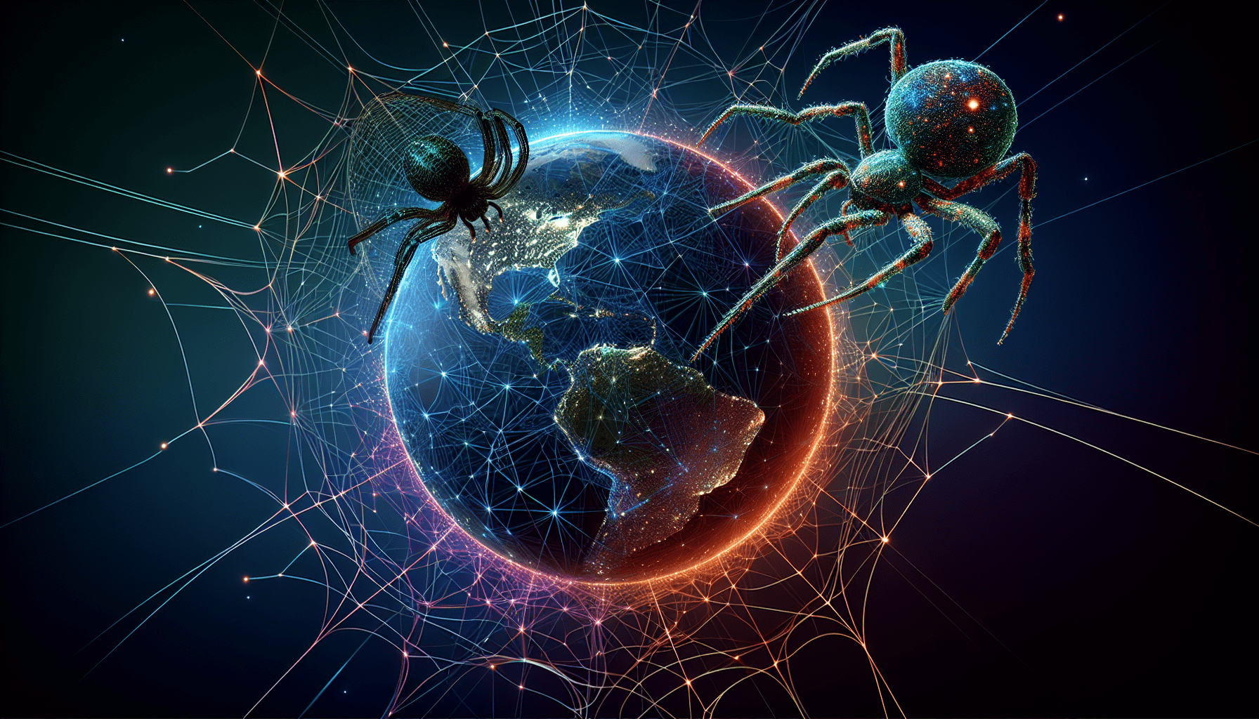 A spider spinning a web of interconnected glowing lines around the Earth