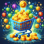 A shopping cart overflowing with gold coins and dollar signs, labeled ThriveCart, with glowing positive symbols around it.