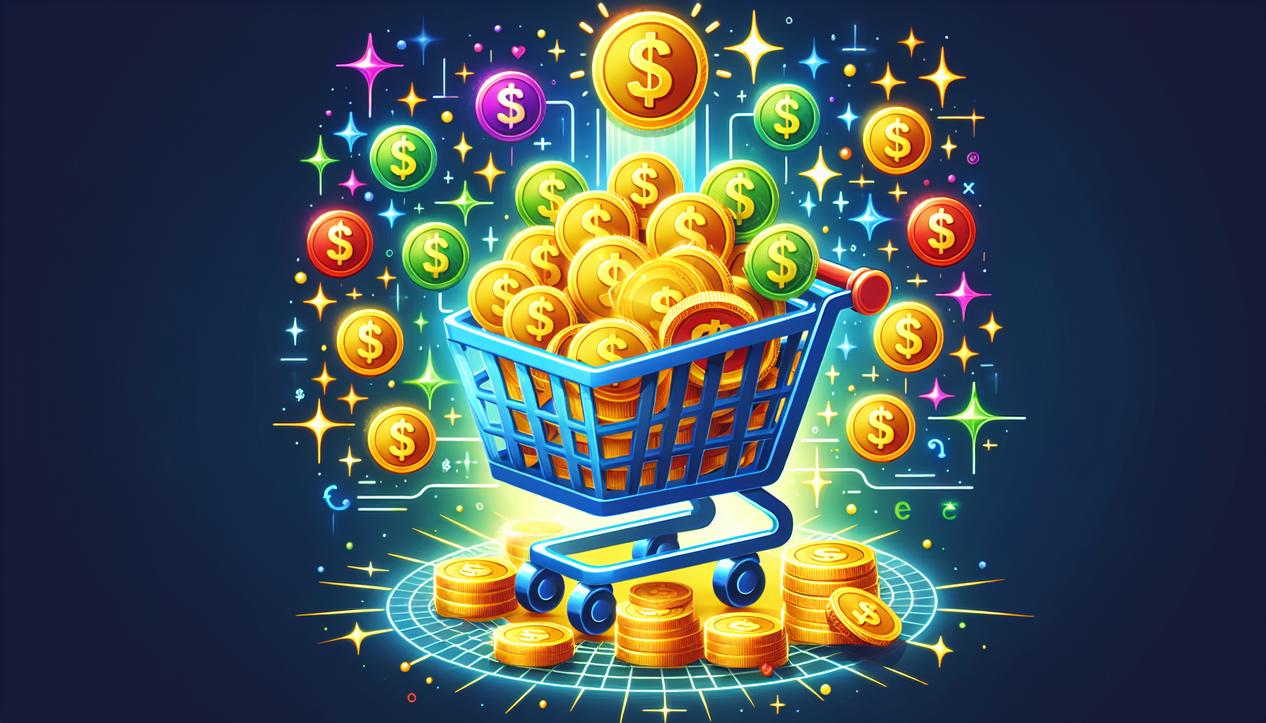 A shopping cart overflowing with gold coins and dollar signs, labeled ThriveCart, with glowing positive symbols around it.