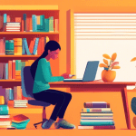 Create a detailed and colorful illustration of a person sitting at a desk, surrounded by grammar books, a laptop showing grammar correction software, a cup of coffee, and sticky notes with grammar tip