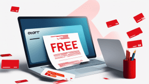 DALL-E Prompt: A person carefully reading the fine print on a contract next to a laptop displaying a Free Trial offer, with a large red exclamation mark hovering over a credit card in the foreground,