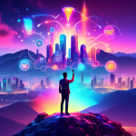 DALL-E Prompt:nA person standing on a mountain peak, holding a glowing, futuristic-looking digital device in their hands. The device is emanating colorful, holographic digital marketing icons and symb
