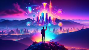 DALL-E Prompt:nA person standing on a mountain peak, holding a glowing, futuristic-looking digital device in their hands. The device is emanating colorful, holographic digital marketing icons and symb