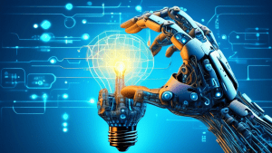 DALL-E Prompt: A robotic hand holding a lightbulb, with binary code and neural network symbols surrounding it, against a futuristic blue background.