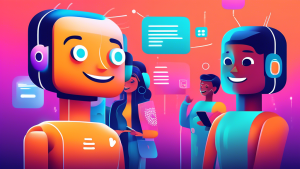 DALL-E prompt: Digital illustration of a friendly, smiling chatbot avatar engaging with a diverse group of customers, set against a futuristic background with AI-related icons and symbols, conveying t