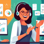 DALL-E Prompt: A smiling customer service representative offering a helping hand to a confused user, with a large Google Analytics logo hovering in the background surrounded by various graphs, charts,