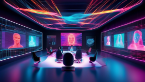 DALL-E prompt: A sleek, futuristic video conference room with multiple floating screens displaying people from around the world, all connected by glowing, intertwined threads resembling a loom, symbol