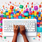 DALL-E Prompt: A person's hands typing on a colorful, oversized computer keyboard, with various letters and symbols floating in the air around them, against a clean white background.