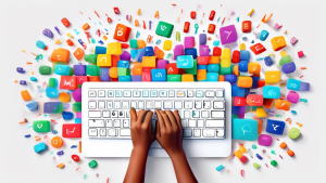 DALL-E Prompt: A person's hands typing on a colorful, oversized computer keyboard, with various letters and symbols floating in the air around them, against a clean white background.