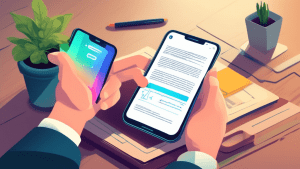 DALL-E Prompt:nnA hand holding a smartphone with a glowing digital signature on the screen, floating above a legal document on a wooden desk. In the background, there is a modern office setting with a