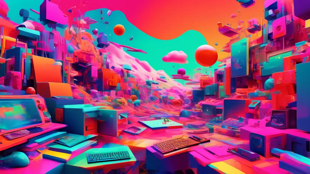 DALL-E prompt: A surreal, abstract digital landscape featuring floating memes, glitchy graphics, and nonsensical user interface elements in vibrant colors, symbolizing the absurdity and randomness of