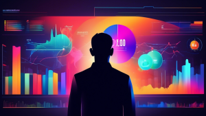DALL-E Prompt: A person standing in front of a large, futuristic digital screen displaying colorful graphs, charts, and data visualizations related to website traffic and user behavior, with the Googl
