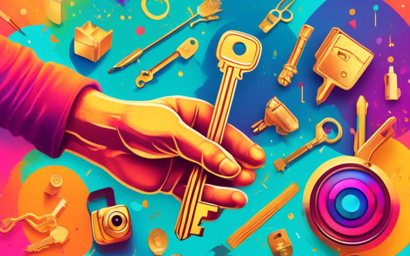 DALL-E Prompt: A hand holding a vibrant, glowing key, unlocking a stylized Instagram logo made of gold, with various creator tools and icons like a camera, paintbrush, and microphone emanating from th