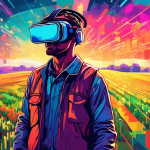 DALL-E Prompt:nnA futuristic farmer wearing a virtual reality headset, standing in a field of pixelated crops and digital livestock, with a vibrant sky filled with lines of code and data visualization