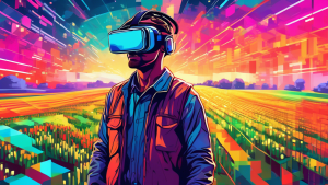 DALL-E Prompt:nnA futuristic farmer wearing a virtual reality headset, standing in a field of pixelated crops and digital livestock, with a vibrant sky filled with lines of code and data visualization
