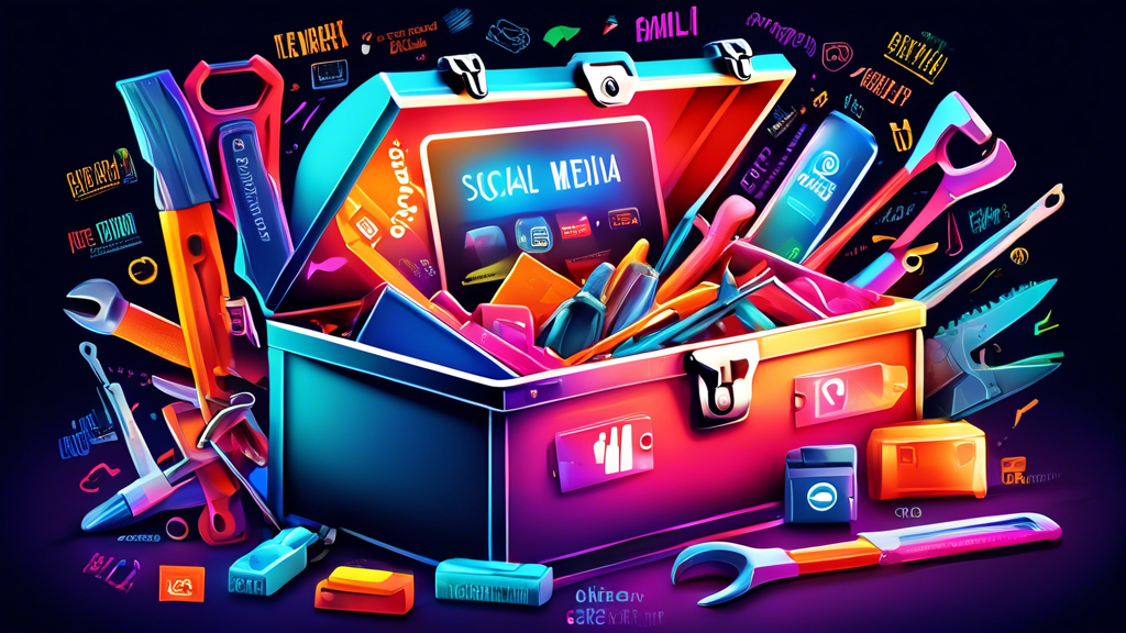 A toolbox overflowing with colorful tools, each labeled with words like Social Media, Email, Loyalty Programs, and Personalization, with a glowing light emanating from the open toolbox.