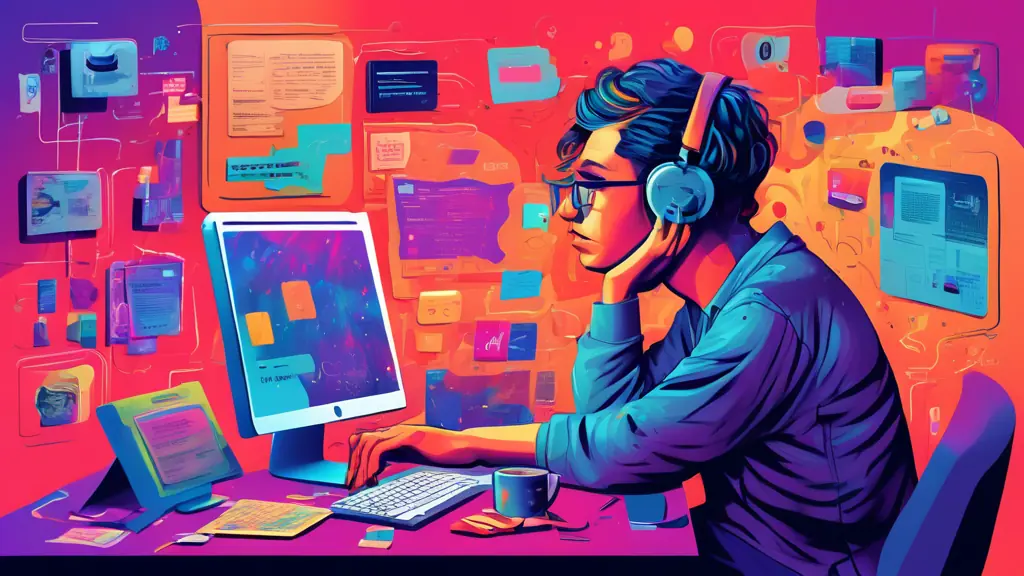 A digital illustration of a person sitting at a computer desk, looking bored and frustrated, surrounded by a collage of various bizarre, confusing, and useless website interfaces featuring elements li
