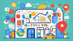 An illustrated digital artwork depicting the Google logo surrounded by five icons representing different local services: a storefront for local business listings, a phone for call tracking, a map pin