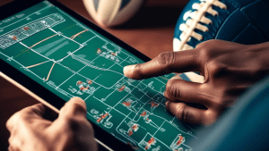 A close-up shot of an American football quarterback's hands gripping a football, with a coach's hands overlaid, pointing at a playbook or tablet screen showing football play diagrams and formation sch