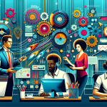 An artistic representation of diverse business professionals collaboratively using futuristic digital communication tools in a high-tech, smart office environment, enhanced with visual metaphors of ef