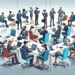 A modern, sleek conference room filled with diverse professionals using various high-tech gadgets and digital tools like virtual reality headsets, tablets, and smartwatches for enhanced communication