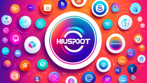Prompt: A vibrant digital illustration featuring various logos of popular marketing and sales software platforms arranged in a circular pattern, with a bold text overlay in the center reading Top HubS