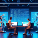Create a detailed illustration of various AI-powered humanoid robots collaboratively writing code on multiple futuristic holographic screens. Each screen showcases lines of complex code with different