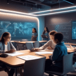 A futuristic classroom with diverse students interacting with high-tech AI holograms labeled with mathematical formulas. The holograms have labels like 'GPT-4,' 'PaLM,' and 'BERT,' each assisting stud