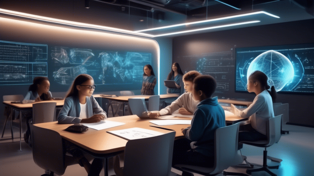 A futuristic classroom with diverse students interacting with high-tech AI holograms labeled with mathematical formulas. The holograms have labels like 'GPT-4,' 'PaLM,' and 'BERT,' each assisting stud