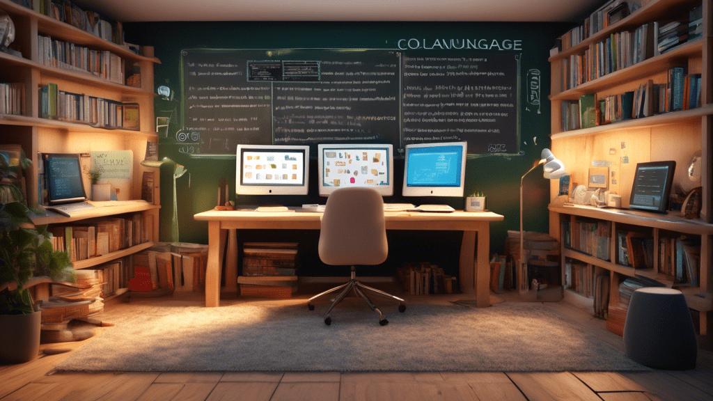Create an image featuring a diverse array of computers and devices in a cozy study setting, each displaying different locally-run language models from various developers. Include bookshelves filled wi