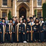 Create an image that showcases a diverse group of international students in academic gowns and caps, standing in front of a historic and prestigious university building in the UK. The scene should hig