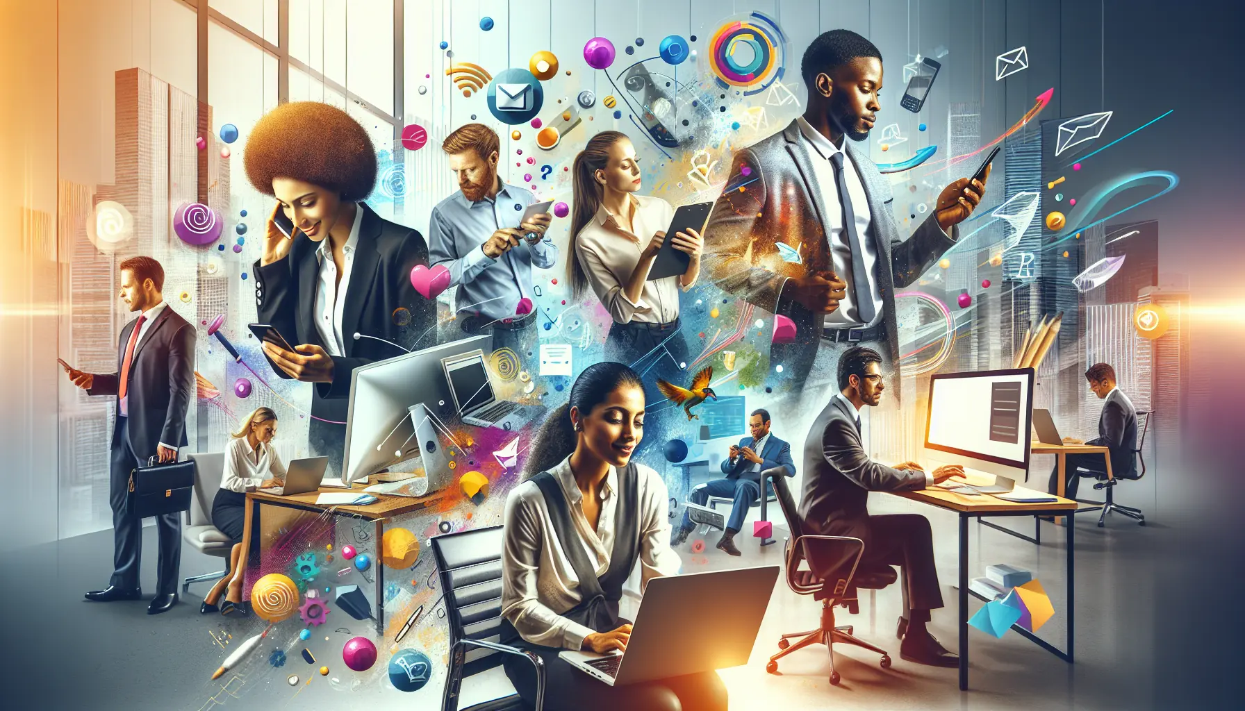 An artistic digital collage depicting a bustling modern office with diverse professionals using smartphones and computers to engage with a variety of leading SMS marketing tools, highlighted by icons