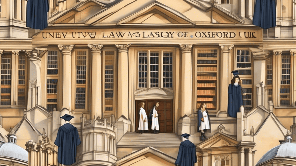 Create an image depicting several iconic UK university buildings such as the University of Oxford and the University of Cambridge, with students in graduation gowns and law books. Include elements tha