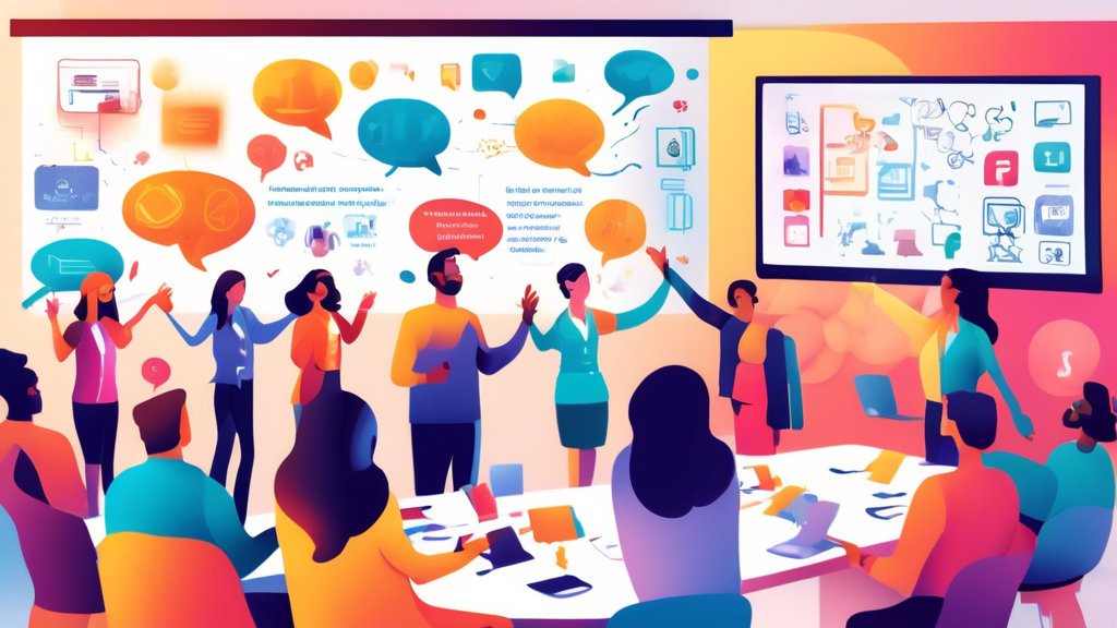 Create an image showcasing a vibrant, modern conference room filled with enthusiastic participants engaged in various interactive activities. Some are raising their hands eagerly, others are in small