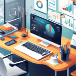 Create a high-resolution digital illustration that portrays a modern office environment with various professional tools aiding workflow optimization. Include elements such as a sleek computer with ana