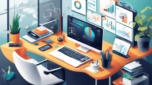 Create a high-resolution digital illustration that portrays a modern office environment with various professional tools aiding workflow optimization. Include elements such as a sleek computer with ana