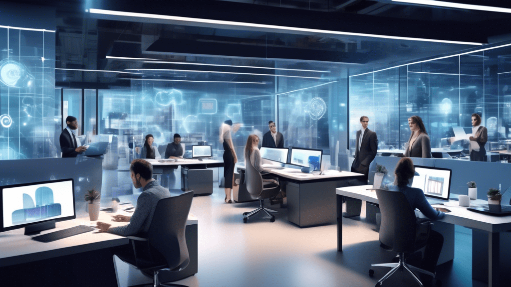 Create an image of a modern office environment with diverse professionals working together. The scene should include various advanced tools and technologies such as a giant interactive touchscreen dis