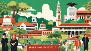 Create an image featuring a collage of top universities in Malaysia known for their LLM programs, showcasing iconic campus buildings, lush green landscapes, modern libraries with students studying, an