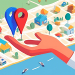 A giant hand lifting a Google Maps pin with a small business inside of it to another hand.
