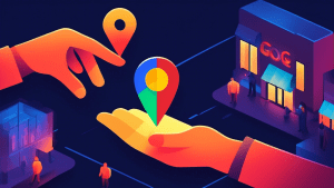 A hand passing a glowing Google Maps pin with a business storefront inside to another hand, symbolizing transferring ownership of a Google Business Profile.
