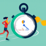 A stopwatch with the Google Analytics logo inside of it, timing a runner on a track