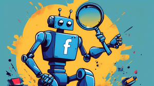 A frustrated robot holding a magnifying glass over a broken Facebook F logo with error messages popping up around it.